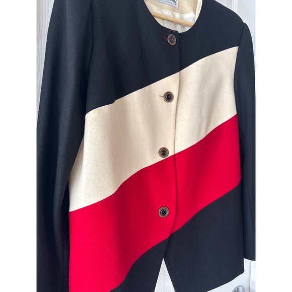 Vintage Oleg Cassini Women's Black White & Red Striped Wool Blend Blazer - Picture 2 of 8